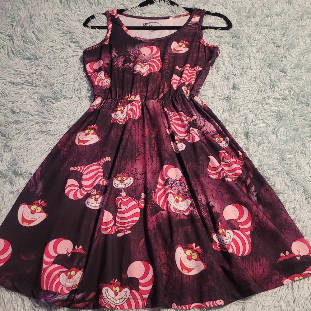 Disney Alice In Wonderland Cheshire Cat Skater Dress Sleeveless Maroon Size M